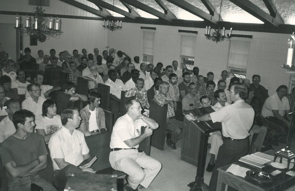 group of men listening to a speaker at Atlanta Mission in 1967