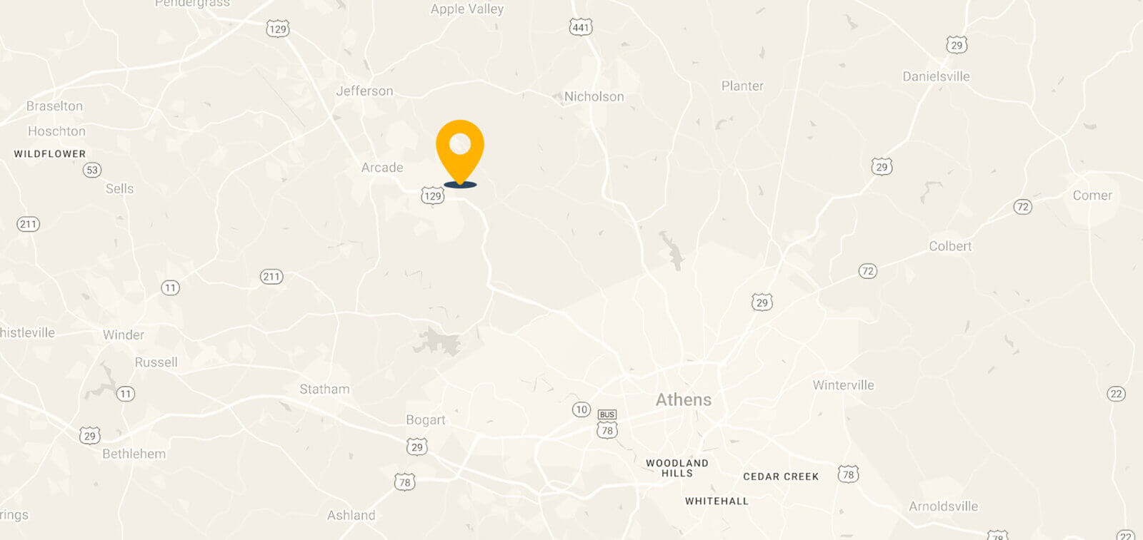 Map of northern Georgia with a pin dropped at The Potter's House's location