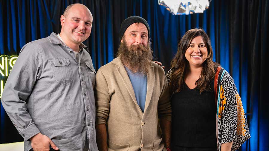 Photo of podcast hosts Jonathan and Rachel with guest Eli