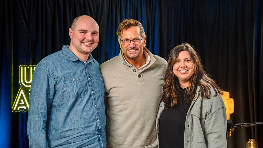Photo of podcast guest, Jason, with hosts Jonathan and Rachel